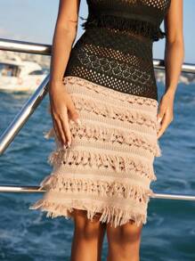 Anewsta Vacation Style Tassel Patchwork Hollow Out Knitted Midi Tight Dress With Round Neckline For Summer