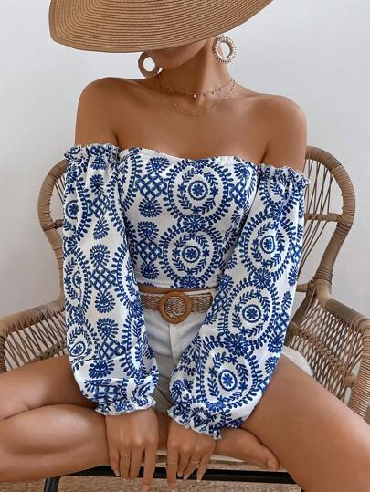 Breezaya Camisa de mujer de manga de farol con estampado completo y hombros descubiertos, blusas de manga larga