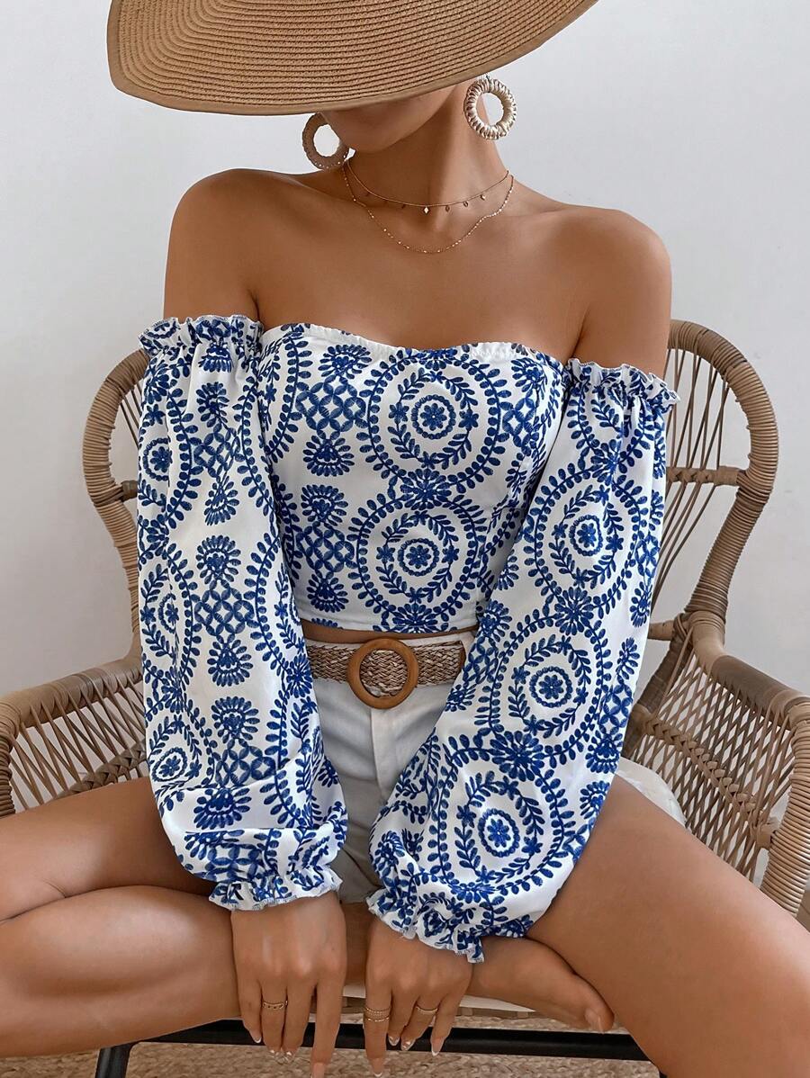 Breezaya Áo sơ mi trễ vai in họa tiết tay dài cho nữ, áo dài tay - Nhiều màu - Xem 1