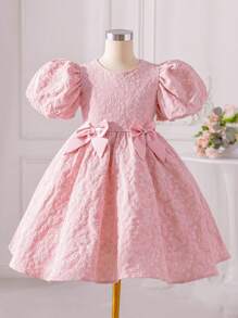 SHEIN فستان فتيات مراهقات بطبعة الورود وياقة دائرية وأكمام منتفخة وزينة عقدة