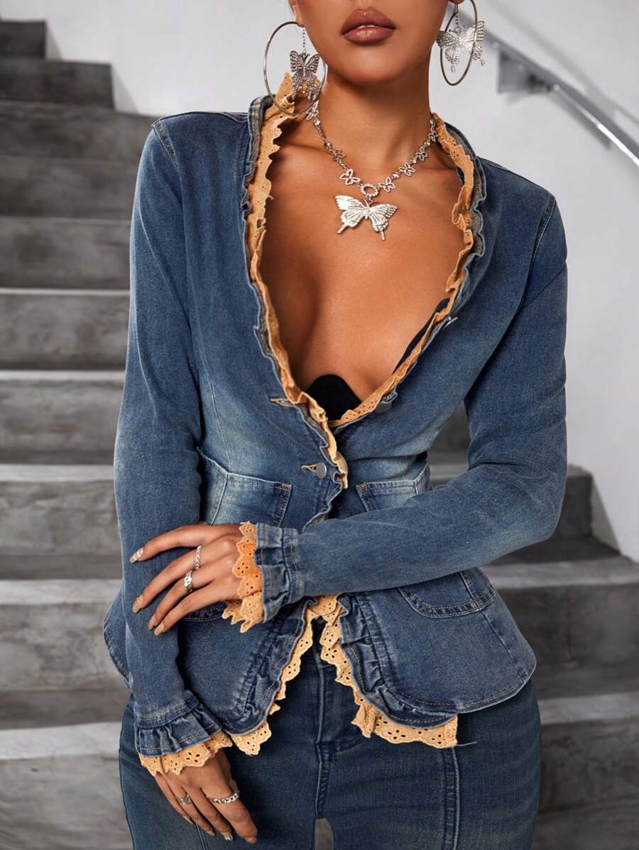 SHEIN ICON Women's Button-Front Denim Shirt - Blue - View 1
