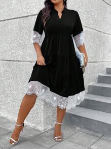 SHEIN Clasi Plus Size Women's Patchwork Lace Short Sleeve Dress - Black - View 2