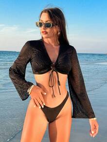 SHEIN Swim Của phụ nữ Mặt trước Buộc Tay áo dài Quần skinny Áo Cover Up - màu đen - Xem 6