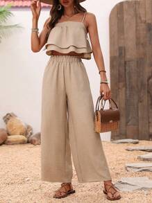 Breezaya Women's Solid Color Double Layered Lotus Hem Cami Top And Pants Two Pieces Set