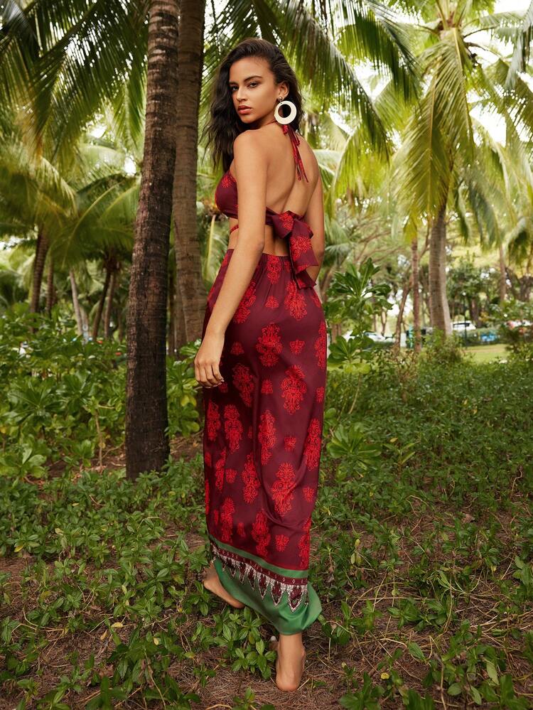 Anewsta Vacational Tropical Rainforest Graphic Drawstring Spaghetti Strap Slim Fit Cutout Dress For Women