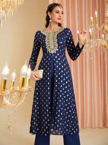 Divindia Embroidered And Applique Gold Polka Dots Print Long Sleeve Kurta - Multicolor - View 1