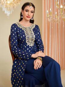 Divindia Embroidered And Applique Gold Polka Dots Print Long Sleeve Kurta - Multicolor - View 3