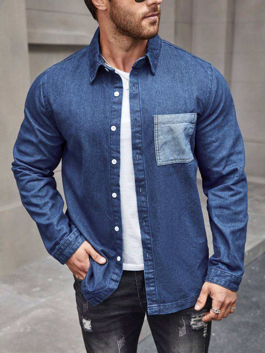 Manfinity Homme Men's Long Sleeve Denim Shirt With Pocket