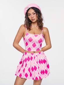 SHEIN Qutie Women Two-piece Outfits Berlipat Geometris Casual - Hot Pink - View 5
