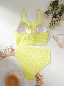 SHEIN Swim 女士纹理装饰细肩带比基尼 夏季 - 黃色 - 查看 4