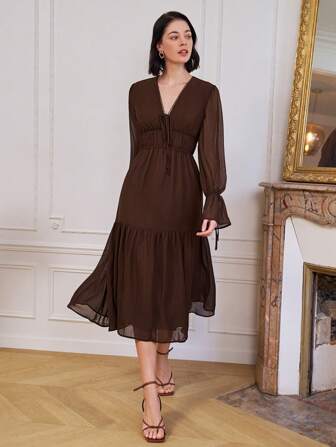 SHEIN Frenchy 优雅纯色雪纺长袖系带褶皱连衣裙，春夏设计师