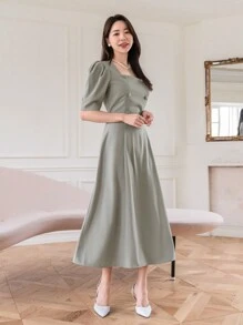 DAZY Square Neckline Puff Sleeves Cinching Waist Dress Sundress