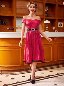 Vintamour 女士露肩提花連身裙 - 紅色 - 查看 4