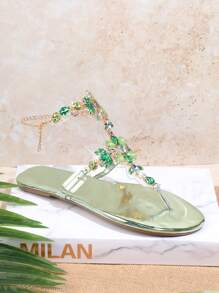 SHUZIA Của phụ nữ Màu thuần Đồ trang trí Rhinestone Dép phẳng Với Vòng ngón chân - màu xanh lá - Xem 2