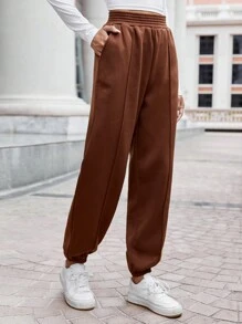 SHEIN Frenchy Slant Pocket Sweatpants Brown - Brown - View 3