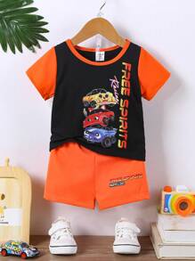 Baby Boy Super Cool Car Pattern Top And Letter Print Woven Shorts Set - Multicolor - View 1