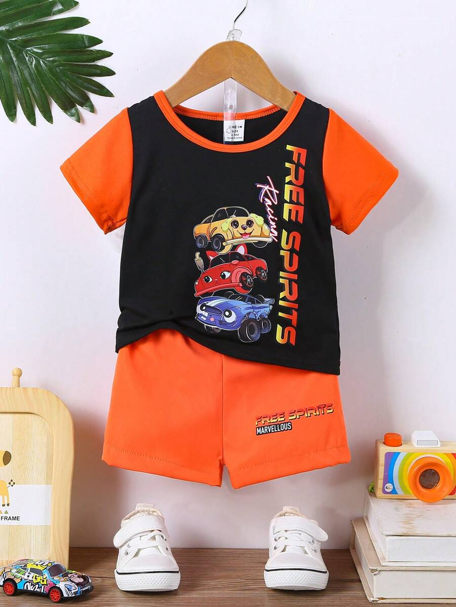 Baby Boy Super Cool Car Pattern Top And Letter Print Woven Shorts Set - Multicolor - View 1