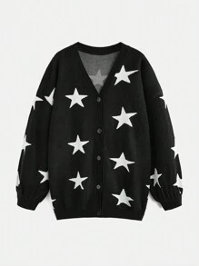 ROMWE PUNK 女式大尺碼星星圖案紐帶前落肩開襟衫 - 黑與白 - 查看 1