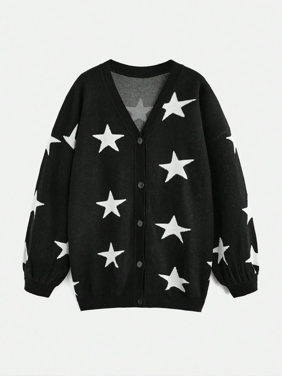 ROMWE PUNK 女式大尺碼星星圖案紐帶前落肩開襟衫 - 黑與白 - 查看 1