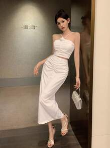 DAZY 女士 2 件套包括露背吊带背心和百褶裙舞会 - 白色 - 查看 1