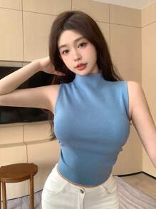 DAZY 女性純色修身毛衣背心 - 藍色 - 查看 6