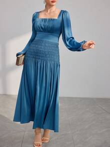 Modelyn Đầm dạ hội dài tay bồng bềnh cổ xếp nếp cho nữ - Màu xanh lam - Xem 1