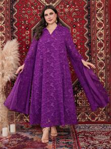 Al Najma Plus-Size V-Neck Floral Jacquard Dress With Long Slit Sleeves Kaftan Jalabiya Dress - Purple - View 1