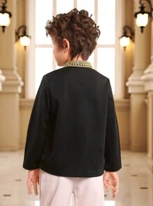 男童舒適拼布編織腰帶長袖休閒襯衫 - 黑色 - 查看 2