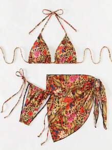Swim SXY Summer Beach Women's Floral And Leopard Print Halter Neck Bikini Set