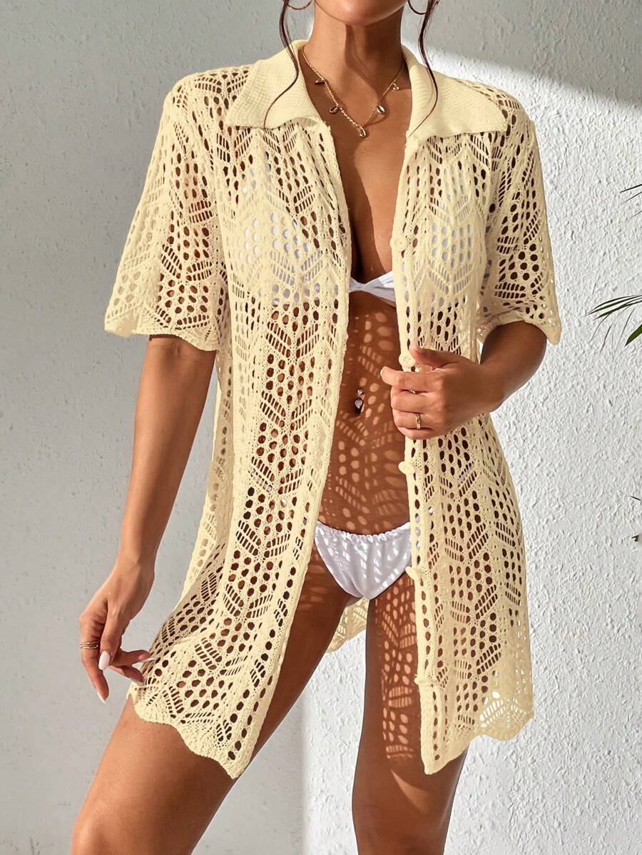 SHEIN Swim 1 pieza Rebeca kimono de punto lisa con detalle frontal de agujeros y botones - Beis - Ver 1