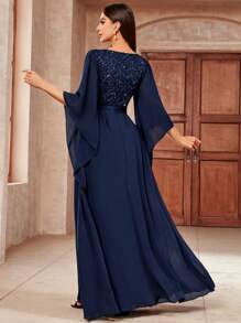 MIUSOL 深V领亮片拼接花卉蕾丝雪纺正式派对长裙，优雅女士派对礼服