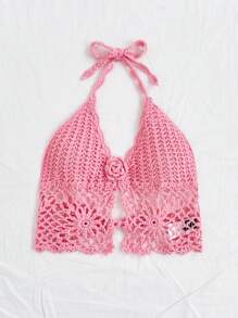 Soleia Áo hở vai đan móc họa tiết hoa 3D cho kỳ nghỉ của phụ nữ, màu trơn - Hồng - Xem 3