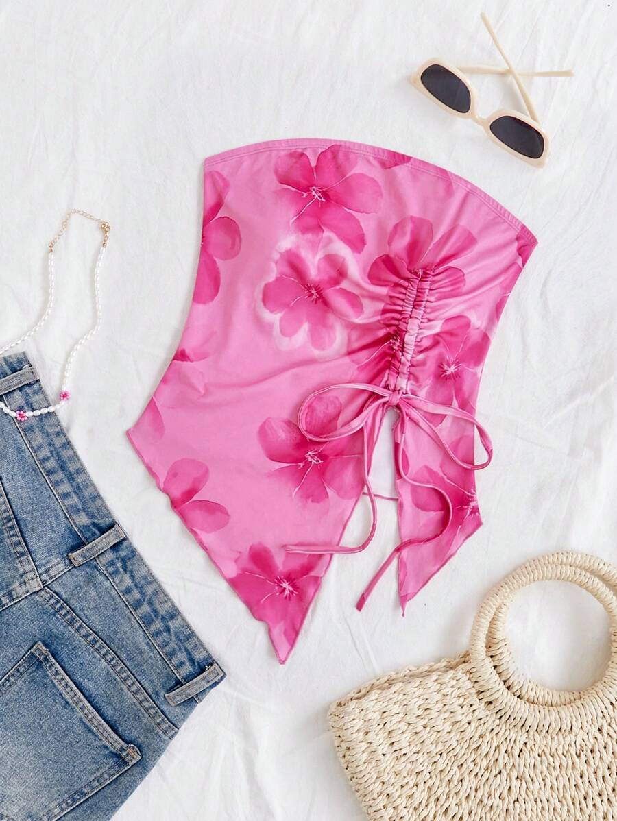 SHEIN WYWH Women's Floral Print Tube Top With Drawstring - Hot Pink - View 1