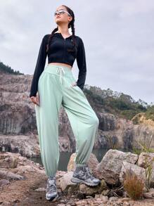 In My Nature 女款印字彈力運動長褲,帶有束口設計,適用於戶外運動 - 灰色 - 查看 6