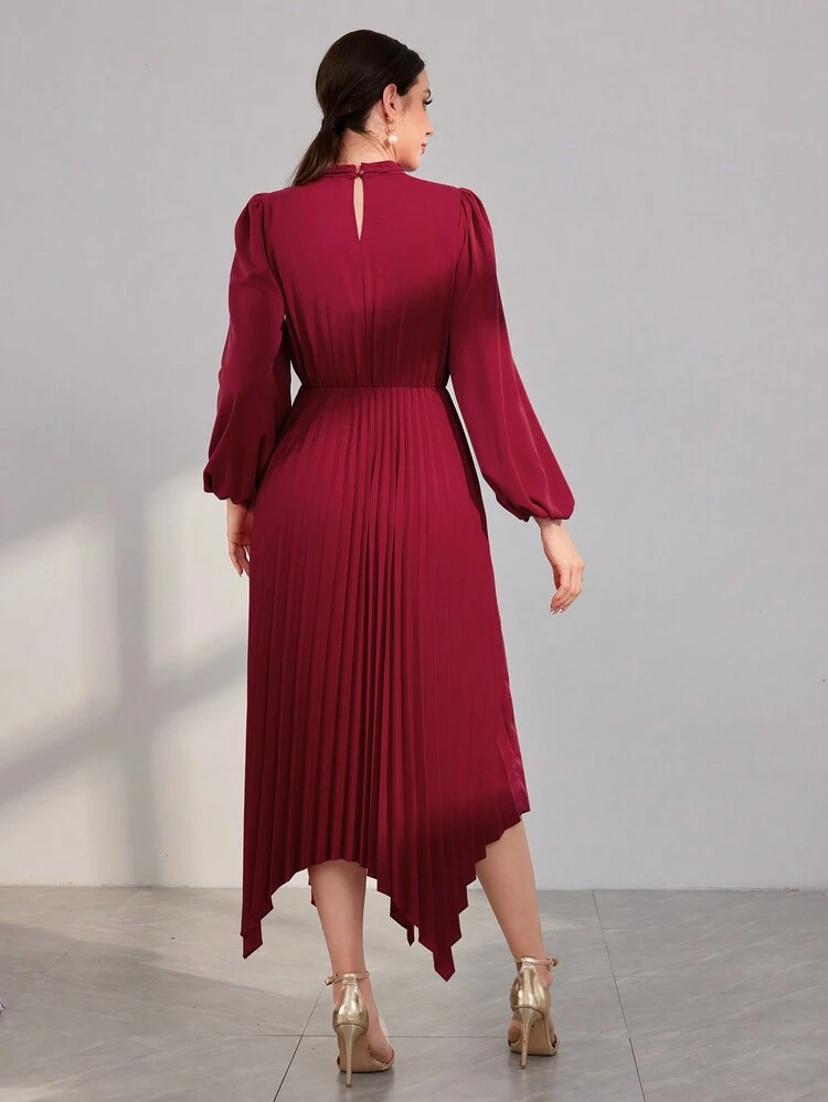 Women's Lantern Sleeve Dress With Ruffled Hem And Keyhole Neckline Long Evening Dresses