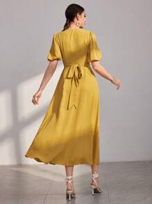 Modelyn Vestido de noche largo con mangas farol y cinturón, estilo árabe para mujer