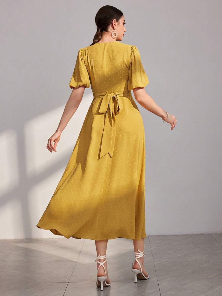 Women's Lantern Sleeve Arabian Style Dress With Waistband Long Evening Dresses