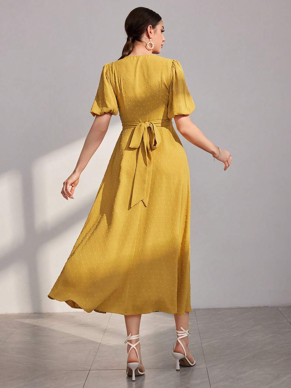 Women's Lantern Sleeve Arabian Style Dress With Waistband Long Evening Dresses