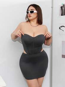 SHEIN ICON Plus Size Women's Strapless Top And Bodycon Skirt Set - Grey - View 6