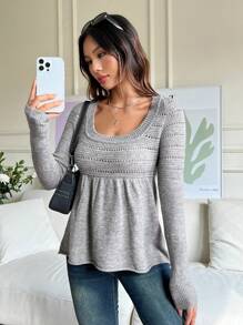 SHEIN EZwear Women's Oversized Round Neck Babydoll Sweater - Grey - View 5