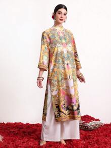 Divindia Loose Split Kurta With Stand Collar, Printed Style Indian - Multicolor - View 6