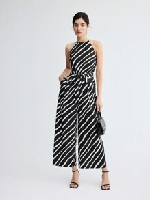 BizChic 女士條紋露背束腰連身褲 - 黑與白 - 查看 8