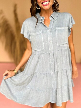 洗水褶子袖層疊靛藍色洋裝