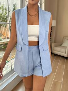 SHEIN Essnce Conjunto De Blazer Sin Mangas Y Pantalones Cortos Con Cuello Chal Para Mujer - Celeste - Ver 4