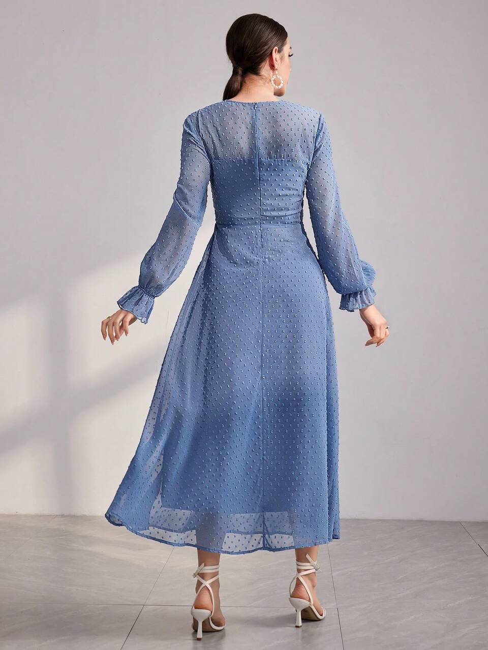 Women's Swiss Dot Waist Cinched Arabian Dress Long Evening Dresses