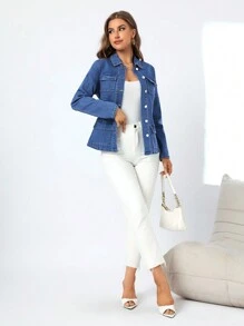 SHEIN Privé Cazadora De Mezclilla De Manga Larga Con Múltiples Bolsillos Para Mujeres - Azul - Ver 6