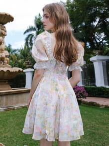 法式方領泡泡袖蕾絲領迷你連身裙 - 彩色 - 查看 2