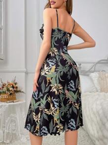 Joyce Ellen Vestito da notte per donna con stampa di piante, decorato con balze, adatto per l'estate e Ibiza