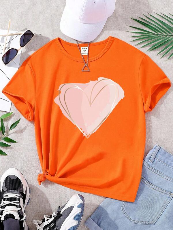 Tween Girl Heart Print Casual T-Shirt Mommy And Me Matching Outfits (3 Pieces Are Sold Separately)