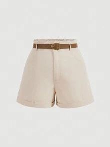 SHEIN MOD Plus-Size Vintage Belted Apricot Shorts - Apricot - View 1